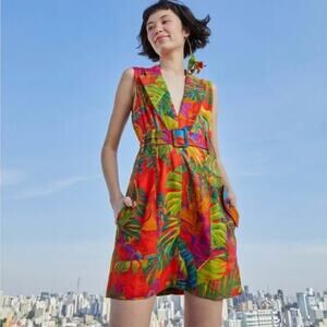 Farm RIO Dress Size Medium Sleeveless Urban Jungle Belted Pockets Mini Tropical